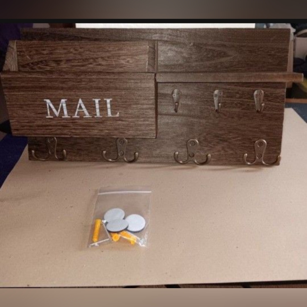 Brown Wooden Mail Organizer with Hooks